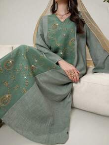 Al Najma Elegant Green Patchwork Embroidered Sequin Loose V-Neck Long Sleeve A-Line Holiday Dress - Green - View 1