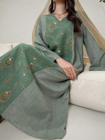 Al Najma Elegant Green Patchwork Embroidered Sequin Loose V-Neck Long Sleeve A-Line Holiday Dress