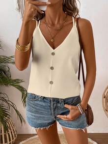 SHEIN LUNE Women's Casual Everyday Commute Vacation Loose Button Decor Camisole, Solid Color, Summer - Apricot - View 3