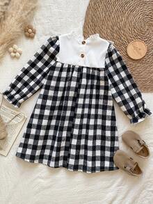 Vintaside Kids Đầm dài tay họa tiết kẻ caro 3D dễ thương cho bé gái, thích hợp mặc mùa xuân, thu, đông, trong nhà và ngoài trời, mặc hàng ngày. - màu đen - Xem 2