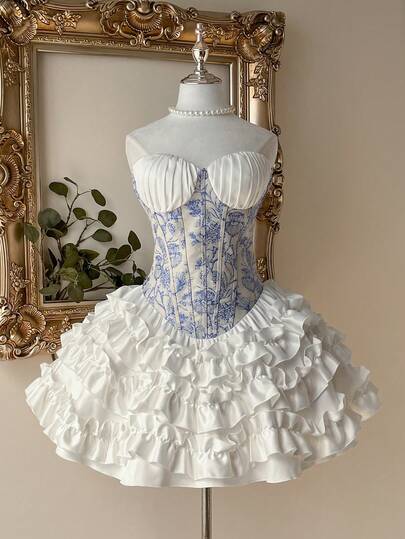 Lovelzi Elegant, Glamorous, Romantic, Fashionable, Multi-Colored, Yarn-Dyed Satin Patchwork, Shell-Shaped Strapless Bodice, Faux Two-Piece Design, Super-Large Cake Skirt, Short Style. Suitable For Weddings, Parties, Vacations, Cocktail Parties, Afternoon Tea, And Prom Dresses.