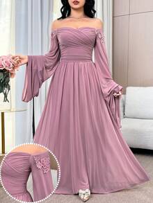 Feyla Women's Off Shoulder Floral Embroidery Ruffle Elegant Dress With Extra Long Sleeves - Dusty Pink - View 8