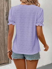 EMERY ROSE Summer Casual Solid Color Textured Lace Trim T-Shirt - Purple - View 2