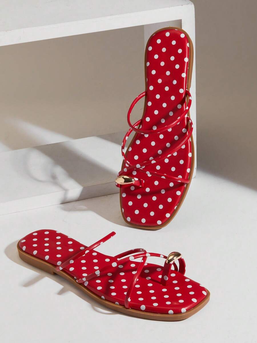 Solezae #PopCraft Women's Red Polka Aesthetic Strappy Toe-Loop Slides – Vibrant, Sleek & Eye-Catching - Red - View 1