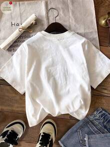 Camiseta gráfica con lazo brillante multicolor para niñas preadolescentes, diseño de cuello redondeado y hombros caídos - Multicolor - Ver 3
