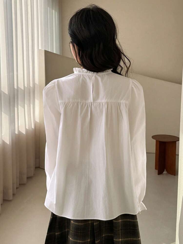 Tween Girl Plain Collar Ruffle Button Casual Long Sleeve Shirt Spring
