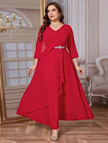 Reflora 大码女式V领腰部水钻装饰荷叶边下摆优雅收腰派对连衣裙 - 紅色 - 查看 8