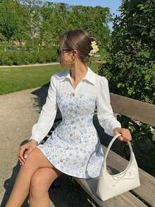 SHEIN MOD 女士复古蓝白印花拼接衬衫裙，适合春季、日常穿着、下午茶、通勤。 - 藍白色 - 查看 7