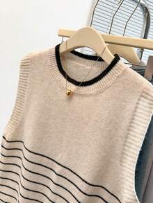 GlowEve CURVE Women's Elegant Sleeveless Striped Loose Knit Tank Top, Slimming Plus Size Sweater Vest, Casual Outerwear For Spring/Summer - Apricot - View 3