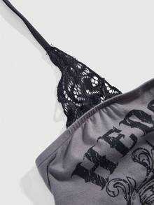 ROMWE Grunge Punk Y2K Punk Skeletttryck 2-i-1 Kontrast Spets Ärmlös Bodycon Cami Topp För Dam, Konsert - Grå - Visa 3
