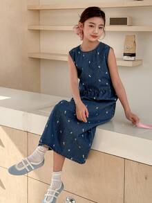 DAZY Girls' Round Neck Sleeveless Denim Dress - Blue - View 5