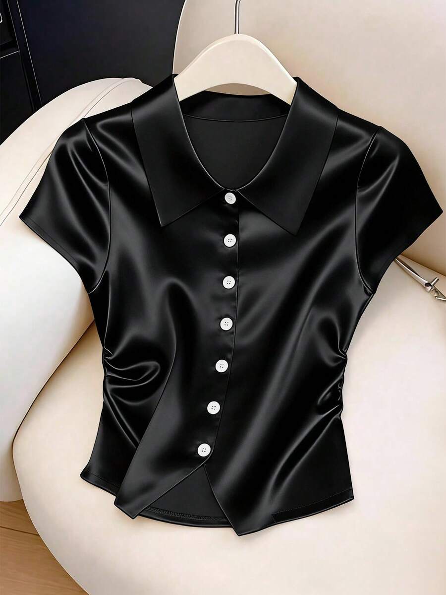 GlowEve Áo kiểu nữ bằng vải satin xếp ly eo - màu đen - Xem 1