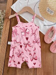 Pink Cute Bow & Heart Print Baby Girl Casual Romper, Suitable For Spring/Summer - Multicolor - View 2