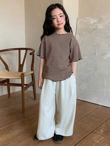 Dazy Kids Young Girl Summer Casual Everyday Commute Striped Print Loose Fit Lettuce Trim T-Shirt - Brown - View 2