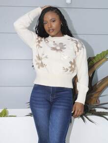 Steph T Women's Floral Beaded Embroidery Crew Neck Long Sleeve Casual Sweater, Autumn/Winter - Apricot - View 1