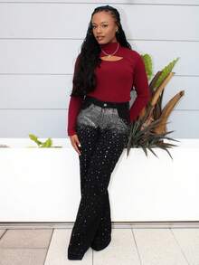 Steph T Y2K 时尚休闲街头水钻洗水阔腿牛仔裤 - 黑色 - 查看 1