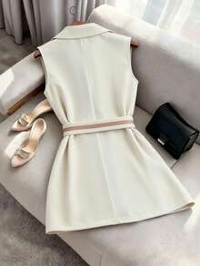 GlowEve Women's Colorblock Blazer Collar Double-Breasted Design With Belt, Elegant For Daily Commute, Casual, Fashion, French Style, Versatile, Business, Cream White & Apricot Splice, Khaki, Sleeveless, Spring/Summer Trench Coat - Multicolor - View 2