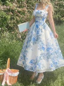 SHEIN MOD Women's Elegant Floral Print Organza Bowknot Waist Slip Dress, Vacation Style, Summer