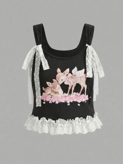 ROMWE Kawaii Deer Dreamy Wing Floral Pattern Bow Lace-Up Camisole, Plus Size Camisole And Tank Top