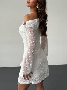 Islaluna Women's Long Sleeve Off-Shoulder Metal Buckle Waist Pleated Slip Dress, Suitable For Casual, Vacation, Party Wear In Spring/Summer - Apricot - View 5