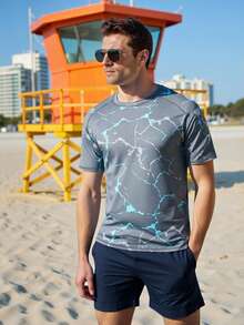 Manfinity Swimmode Men's Casual All-Over Print Round Neck Raglan Sleeve Rash Guard, Summer Men Summer Tshirts Men Graphic Tshirts Mens Graphic Tees - Grey - View 3