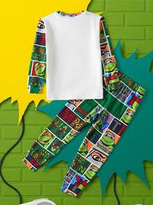 TEENAGE MUTANT NINJA TURTLES | SHEIN 男童卡通海龟字母印花长袖上衣和裤子舒适贴身睡衣套装，春秋季 - 綠色 - 查看 2