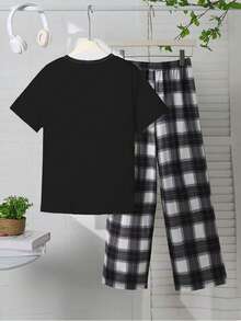 Tween Boys Headphone Print Knit Crew Neck Top And Plaid Pattern Pants 2Pcs Short Sleeve Casual Loungewear Set - Dusty Blue - View 2