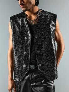 ROMWE MEN Street Life Men's Textured Floral V-Neck Button Vest - Black - View 1