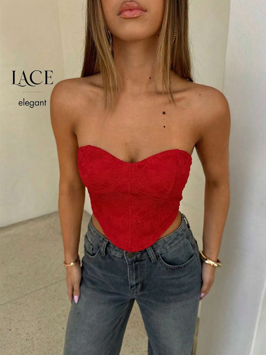Aloruh Women's Sexy Lace Detail Black Brassiere,Red Top - Red - View 1