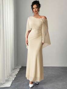 Firerie 女士优雅精致迷人浪漫情人节、约会、舞会、派对礼服，配有3D立体花卉网纱披肩、收腰设计和褶裥A字裙摆 - 杏色 - 查看 4