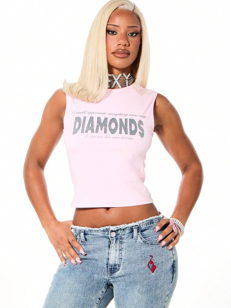 BABYPHAT Tank Top With Diamond Slogan Print Sleeveless Fitted Crop Length Summer Statement Piece