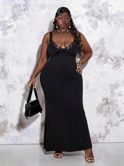 CurvyTilda 大码女式黑色优雅派对法式拼接蕾丝吊带鱼尾长裙，女士生日礼服