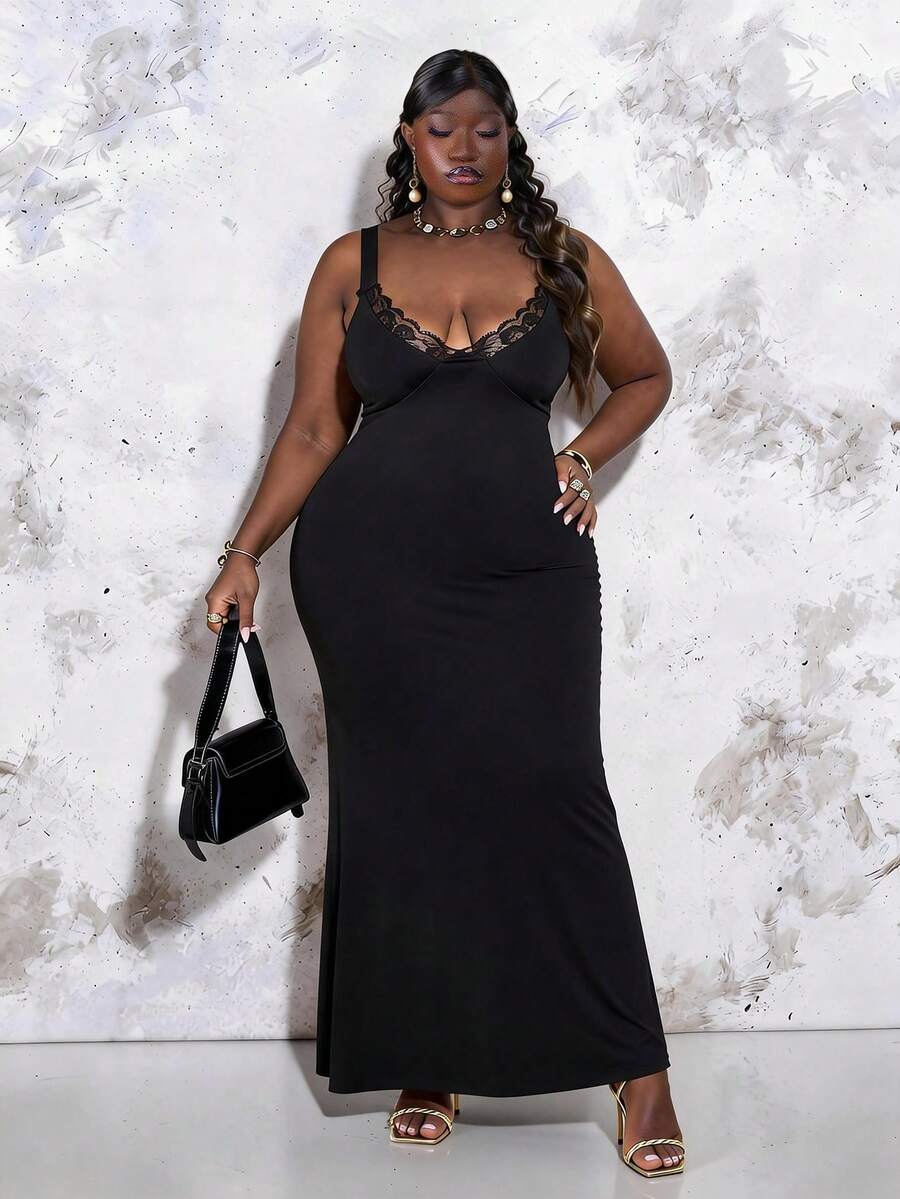 CurvyTilda 大码女式黑色优雅派对法式拼接蕾丝吊带鱼尾长裙，女士生日礼服 - 黑色 - 查看 1
