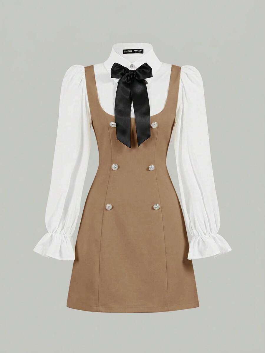 SHEIN MOD 女士优雅双排扣简约设计连衣裙 - 卡其色 - 查看 1