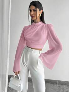 Firerie Women's Elegant Minimalist Delicate Romantic Vacation & Commute Chiffon Draped Flare White Blouse,Summer Top - Dusty Pink - View 6