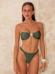 Swim Chiccia 女士纯色金属面料可拆卸可调节肩带褶皱高领优雅比基尼套装 - 墨綠色 - 查看 8