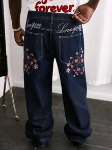 GALLERY FADE 男士休闲街头风刺绣蓝色牛仔裤 - 深色水洗藍 - 查看 3