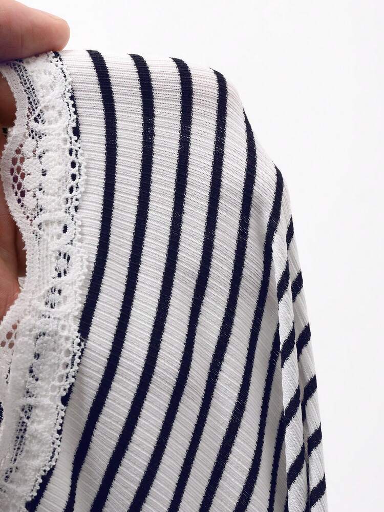 Striped Lace Frill Trim Fitted Cardigan For Women Y2k