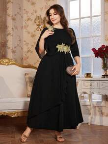 Reflora Đầm dự tiệc cocktail tay lửng 3/4 thanh lịch dành cho nữ cỡ lớn, đính ren, có phần eo thắt gọn. - màu đen - Xem 5