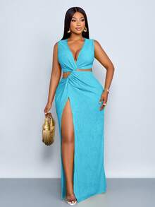SOLERSUN Plus Size Women's Spring And Summer Solid Color Textured Fabric Waist Hollow Twist High Slit Sexy Long Dress, Beach Vacation - Baby Blue - View 4