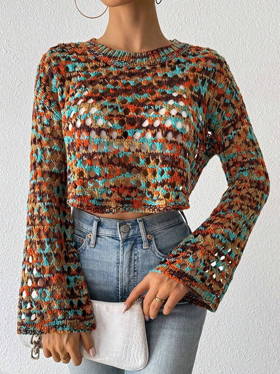 Chiquease All-Over Print Hollow Sheer Crew Neck Long Sleeve Cropped Sweater Top - Multicolor - View 1
