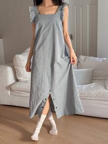 DAZY 可爱格子荷叶边女士连体裤家居服 - 黑色 - 查看 8