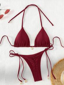 Swim Basics Women's Burgundy Halter Tie Triangle Bikini Set,Summer Casual Beach Holiday Vacation Holiday Solid Color Modest Swimwear Set - Burgundy - View 2