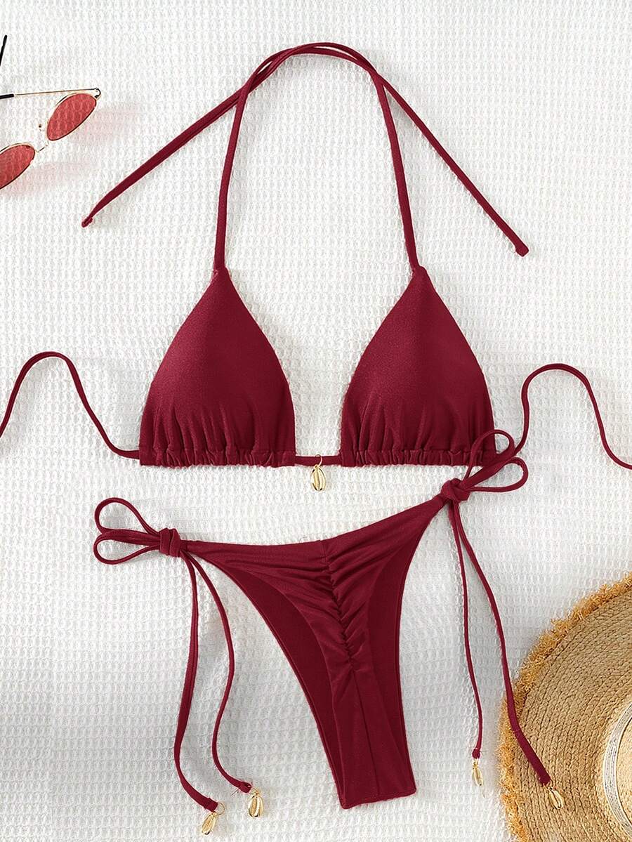 Swim Basics Women's Burgundy Halter Tie Triangle Bikini Set,Summer Casual Beach Holiday Vacation Holiday Solid Color Modest Swimwear Set