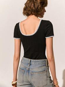 Poéselle 女士撞色滚边圆领修身连体衣 - 杏色 - 查看 3