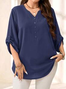 Miaspire Blusa de verano casual de unicolor azul de manga 3/4 para mujer de talla grande, ideal para primavera temprana, verano, vacaciones, vacaciones de primavera, vacaciones, salidas, nueva colección 2026, simple y de moda para uso diario, blusas de cuello en V para mujeres - Azul - Ver 3