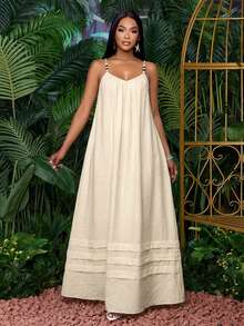 SOLERSUN 女士度假优雅V领亚麻棉质纹理竹纤维飘逸沙滩长裙，完美海滩度假装扮，春夏皆宜 - 杏色 - 查看 4