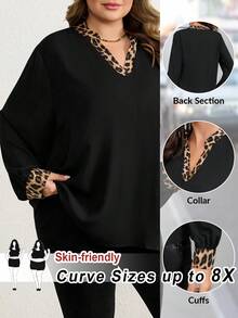 SHEIN CURVE+ Áo kiểu tay phồng họa tiết da báo tương phản/2026/Bữa tiệc trưa mùa hè năm mới - màu đen - Xem 1