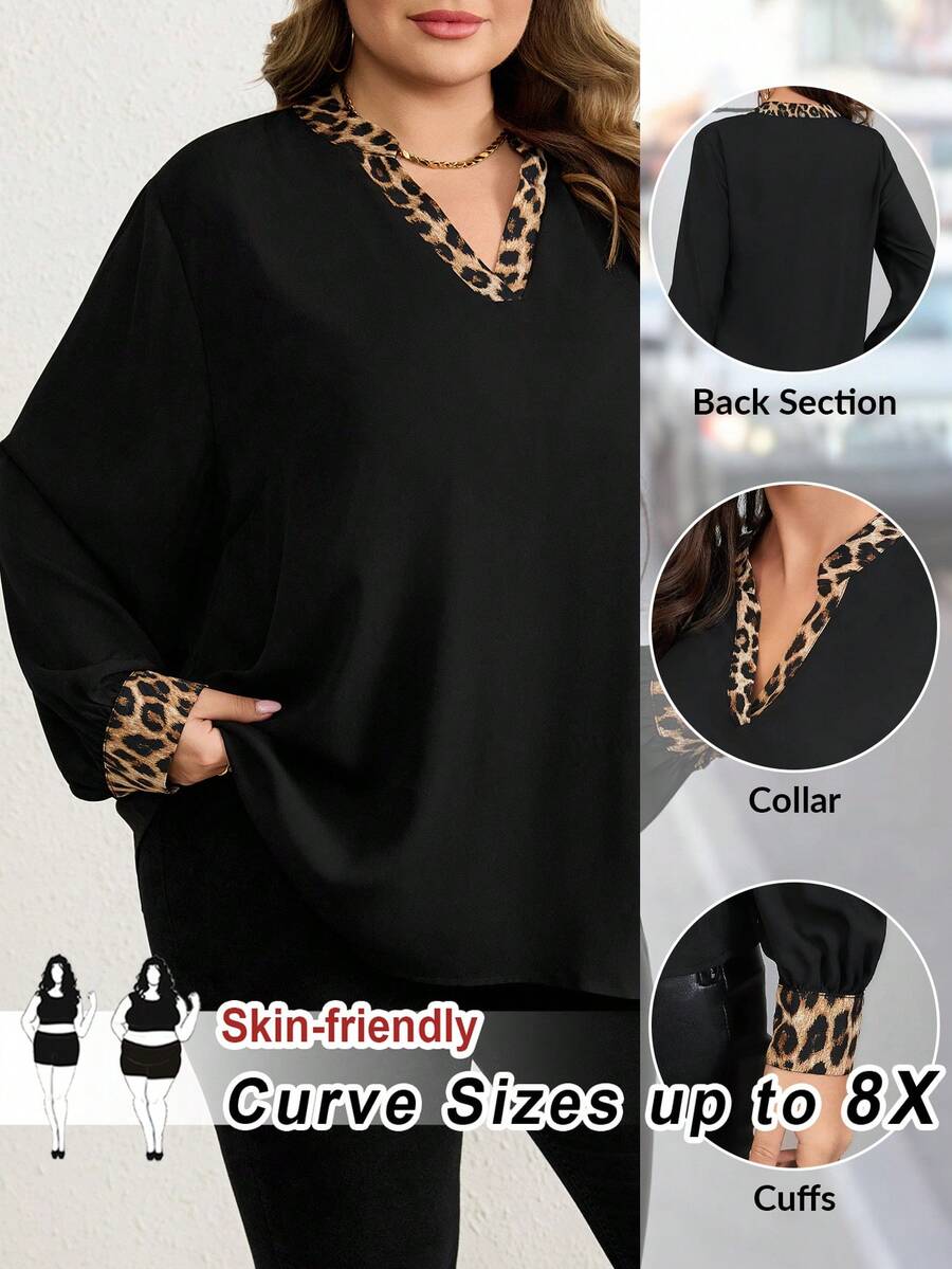 SHEIN CURVE+ Áo kiểu tay phồng họa tiết da báo tương phản/2026/Bữa tiệc trưa mùa hè năm mới - màu đen - Xem 1