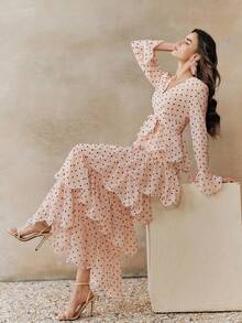 Anewsta 春夏波点蝴蝶结腰部A字飘逸薄纱优雅连衣裙，适合派对、度假等场合 - 粉色 - 查看 1